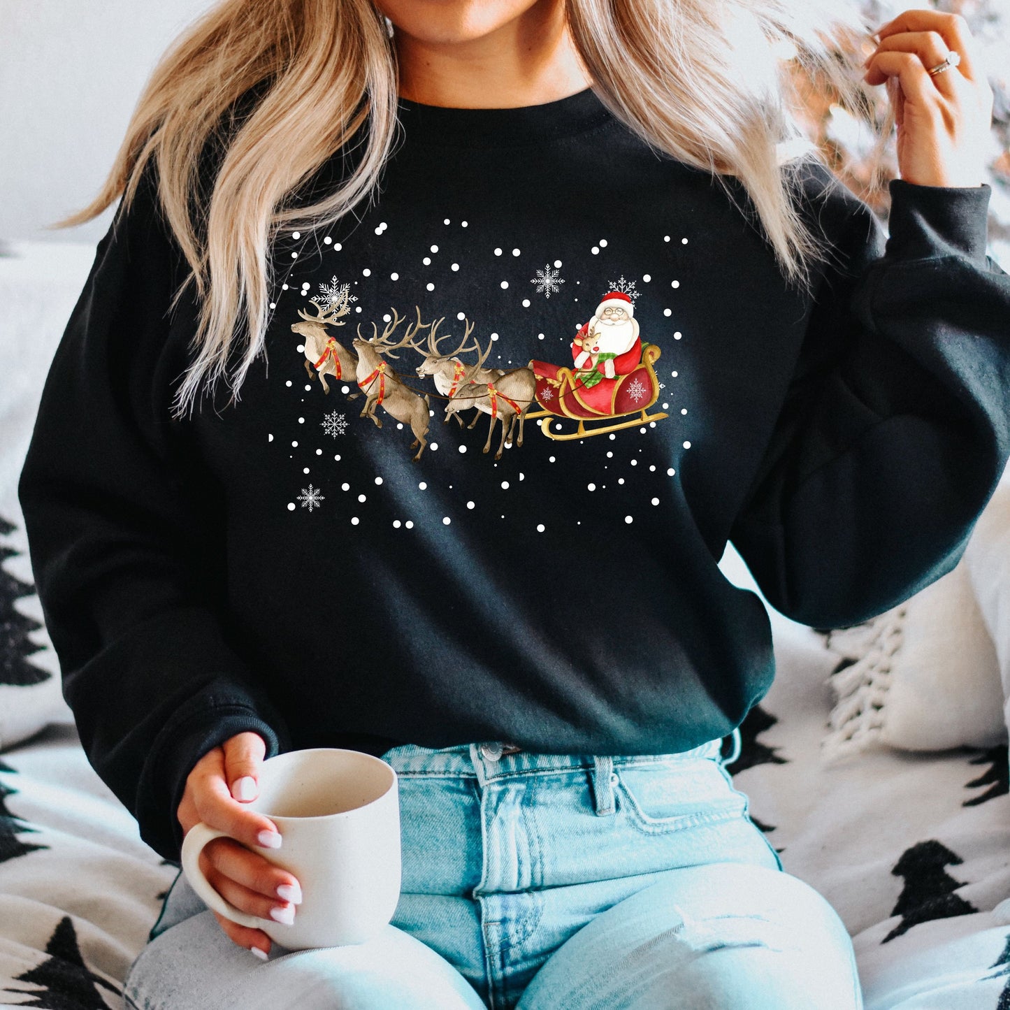 Christmas reindeer snowflakes sweatshirt, wife birthday gift, cozy winter sweater, North Pole shirt, Christmas gifts, ugly xmas sweater ywd4kc-br.myshopify.com