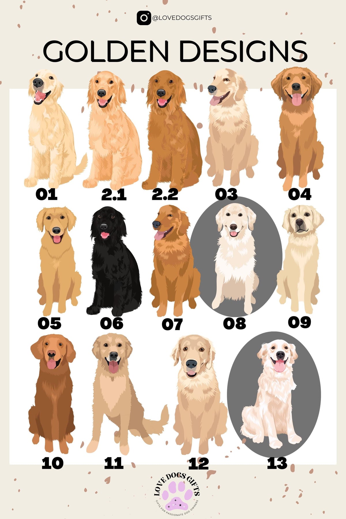 Illustrations of golden retriever dogs to choose for a custom dog mom shirt or sweatshirt, featuring the brand "LOVEDOGSGIFTS"