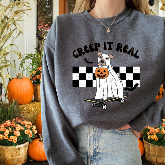 Ghost Pitbull Halloween Sweatshirt "Creep It Real" ywd4kc-br.myshopify.com