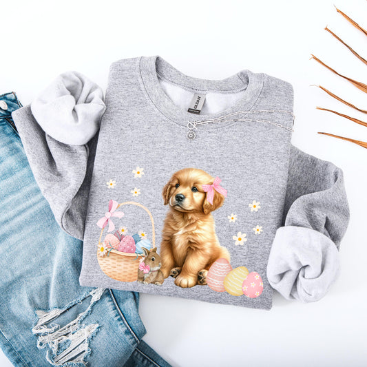 Golden Puppy Easter Dog sweatshirt with Easter basket, colorful eggs and a bunny from Love Dogs Gifts