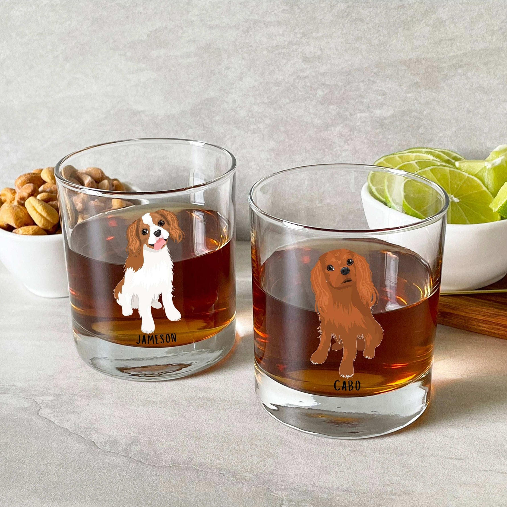Personalized King Charles Cavalier Spaniel rocks glass