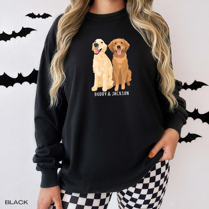 A young woman wearing a personalized Golden Retriever sweatshirt in color black from Love Dogs Gifts