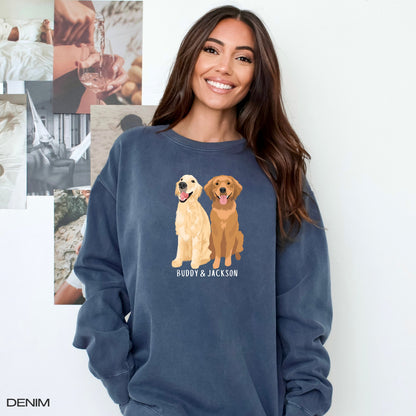 A dog mom wearing a personalized golden retriever sweatshirt in color denim from Love Dogs Gifts store