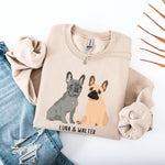 Personalized French Bulldog sweatshirt  in color sand with grey frenchie and a tan frenchie, and their names underneath the dog graphic