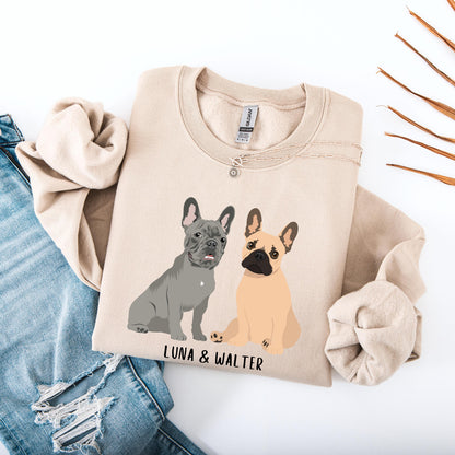 Personalized French Bulldog sweatshirt  in color sand with grey frenchie and a tan frenchie, and their names underneath the dog graphic