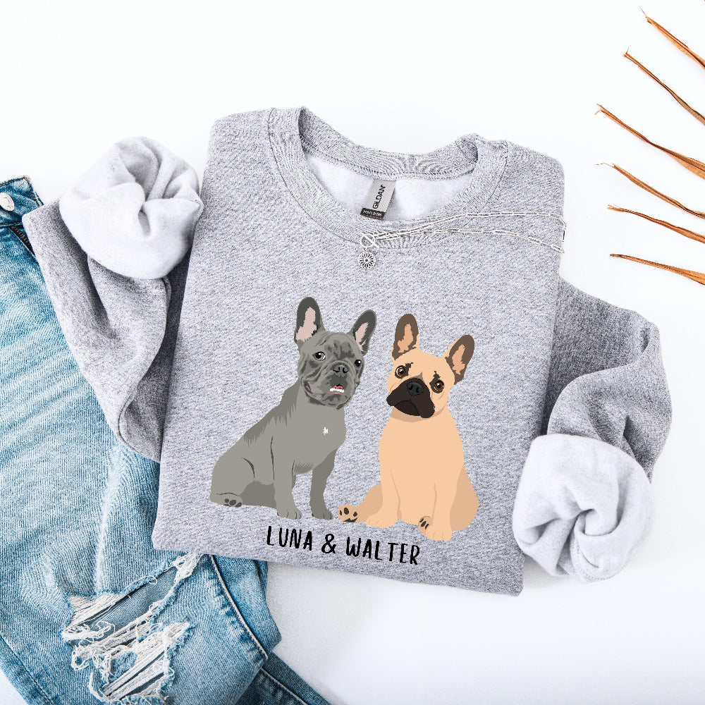Personalized French Bulldog sweatshirt  in color sport grey with grey frenchie and a tan frenchie, and their names underneath the dog graphic