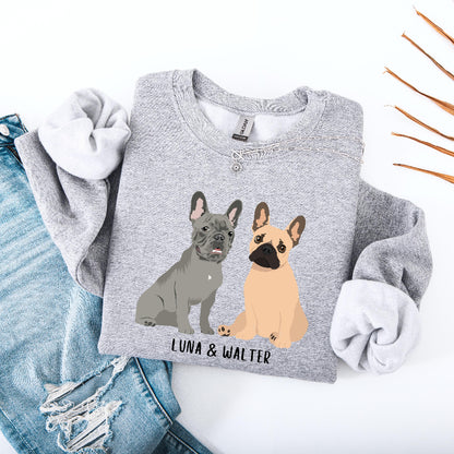 Personalized French Bulldog sweatshirt  in color sport grey with grey frenchie and a tan frenchie, and their names underneath the dog graphic