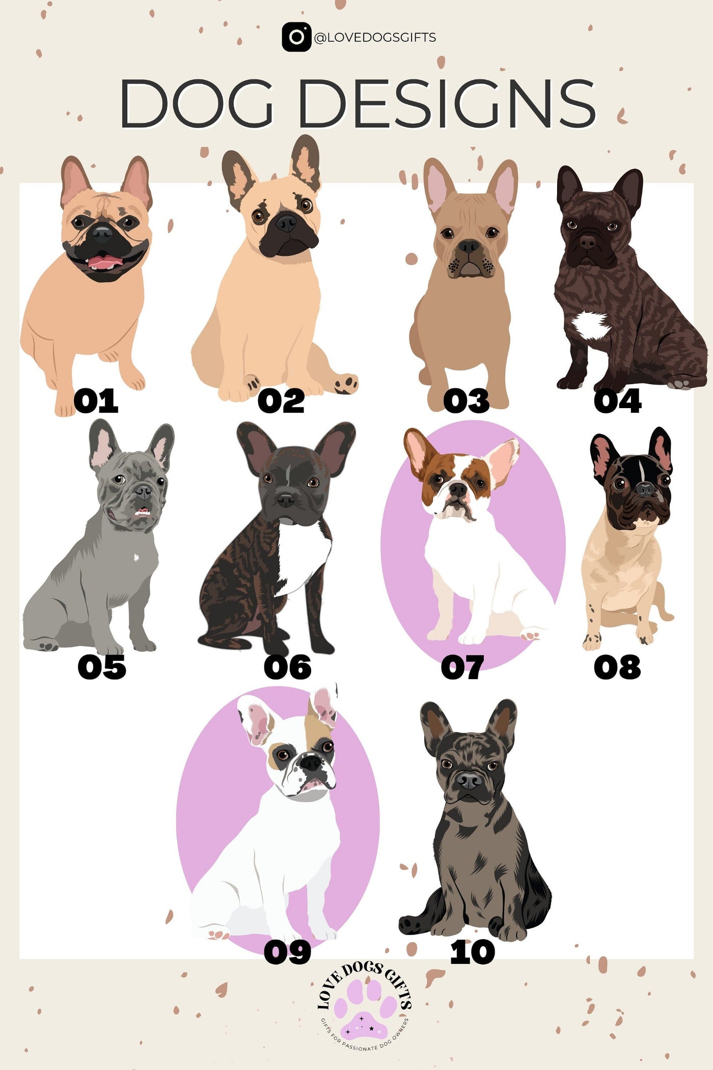 Personalized French Bulldog artwork chart with various coat color frenchie graphics