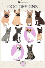 Personalized French Bulldog artwork chart with various coat color frenchie graphics