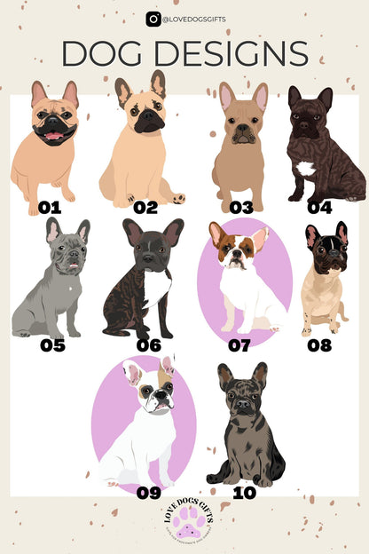 Personalized French Bulldog artwork chart with various coat color frenchie graphics