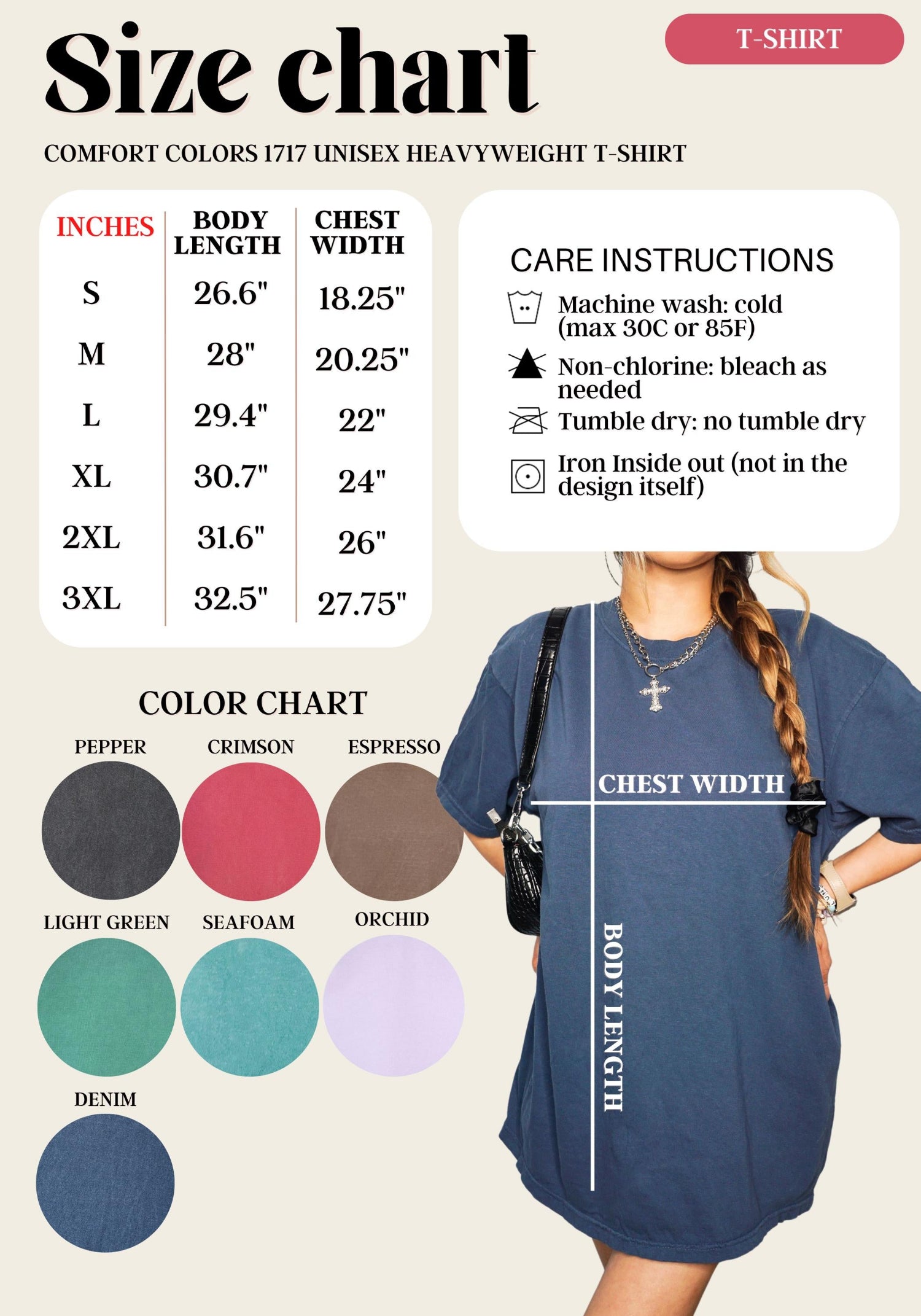 Comfort Colors 1717 t-shirt size chart and color chart for dog moms and dog dads from Love Dogs Gifts