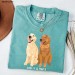Personalized Golden Retriever T-shirt in Seafoam Comfort Colors 1717. Features Red and Standard Golden Retriever graphics with custom name.