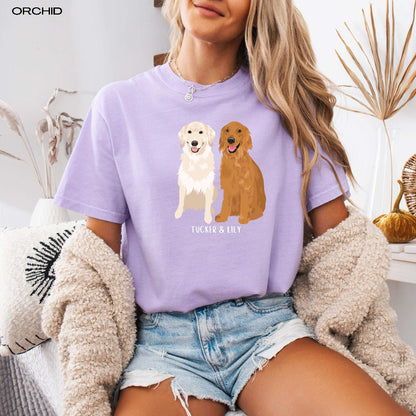woman wearing personalized Golden Retriever T-shirt in Orchid Comfort Colors 1717. Features cream and red Golden Retriever graphics with custom name.