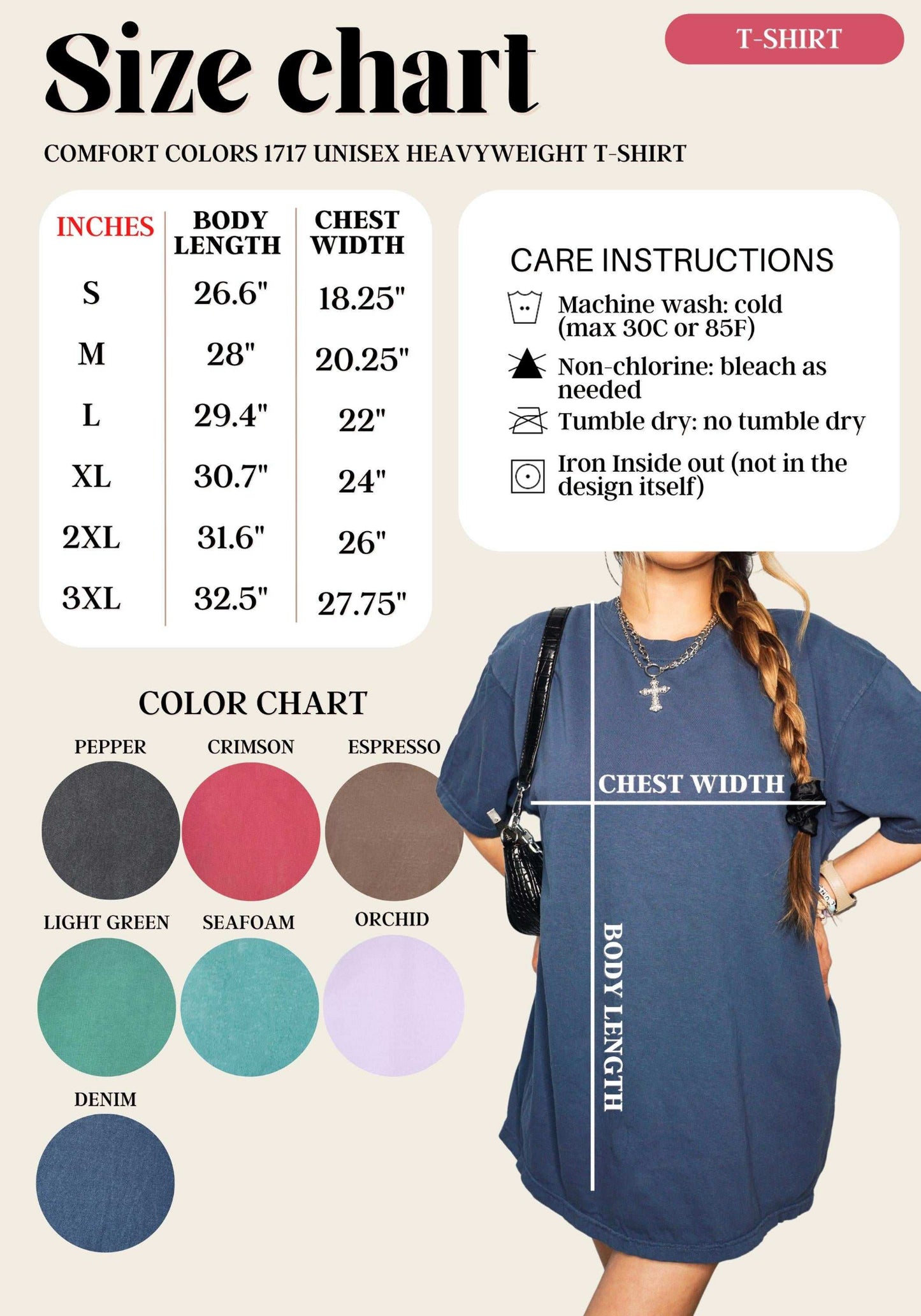 Comfort colors t-shirt 1717 size chart and color chart for Love Dogs Gifts