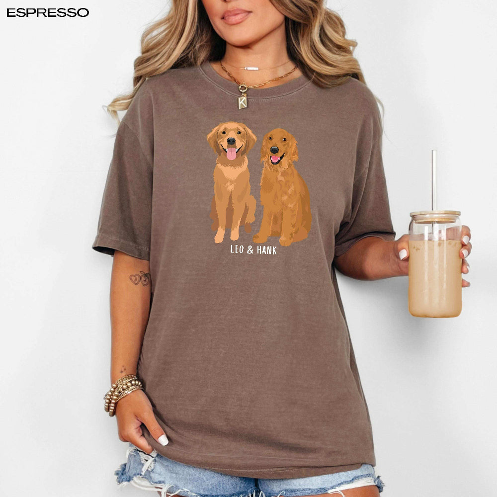 woman wearing personalized Golden Retriever T-shirt in espresso Comfort Colors 1717. Features two red Golden Retriever graphics with custom name.