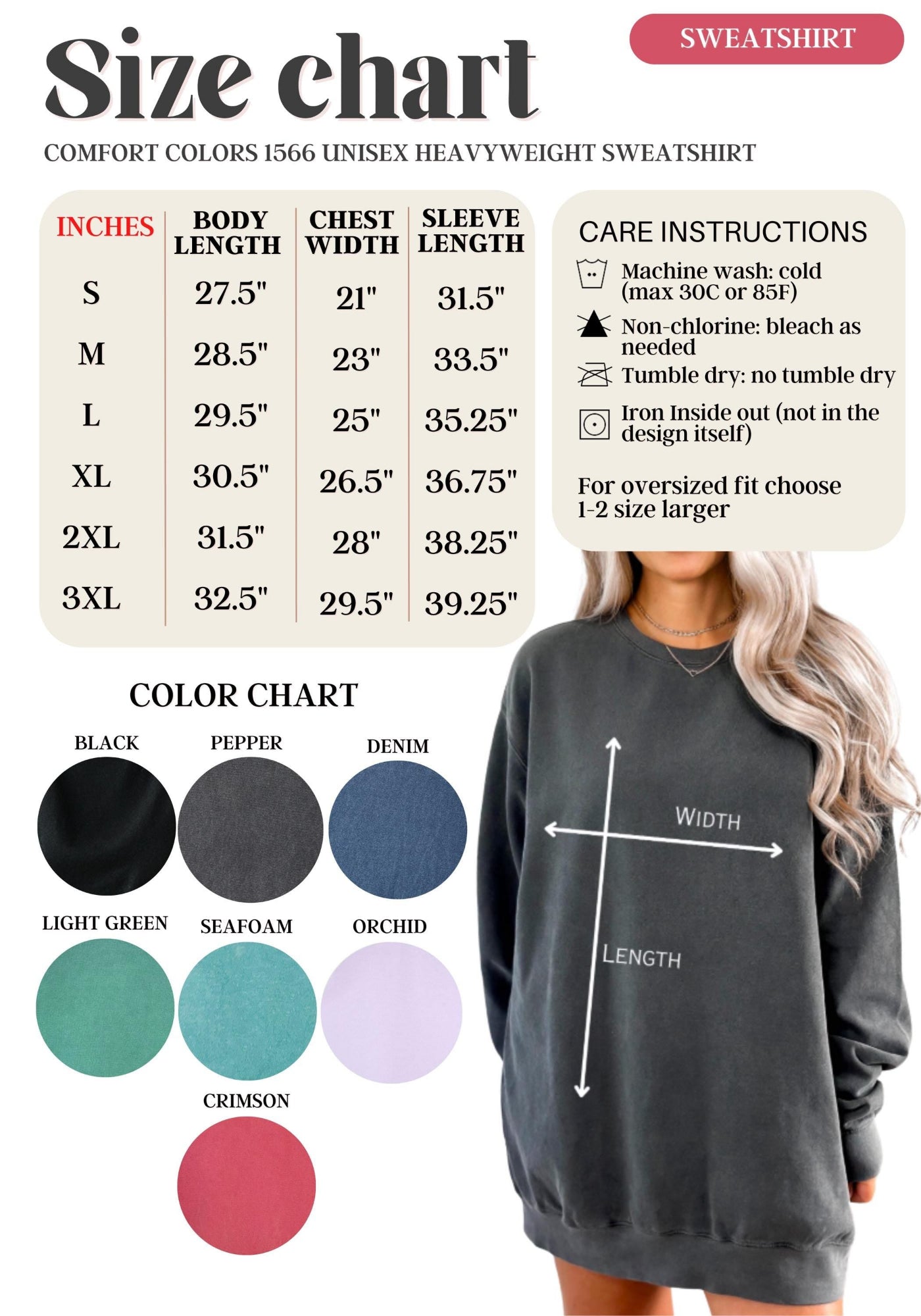 Comfort Colors 1566 sweatshirt size chart and color chart