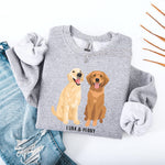 personalized Golden Retriever sweatshirt gildan 1800 sport grey. Features cream and red Golden Retriever graphics with custom name.