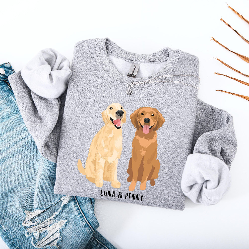personalized Golden Retriever sweatshirt gildan 1800 sport grey. Features cream and red Golden Retriever graphics with custom name.