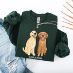 Personalized Golden Retriever sweatshirt gildan 1800 forest green. Features cream and red Golden Retriever graphics with custom name.