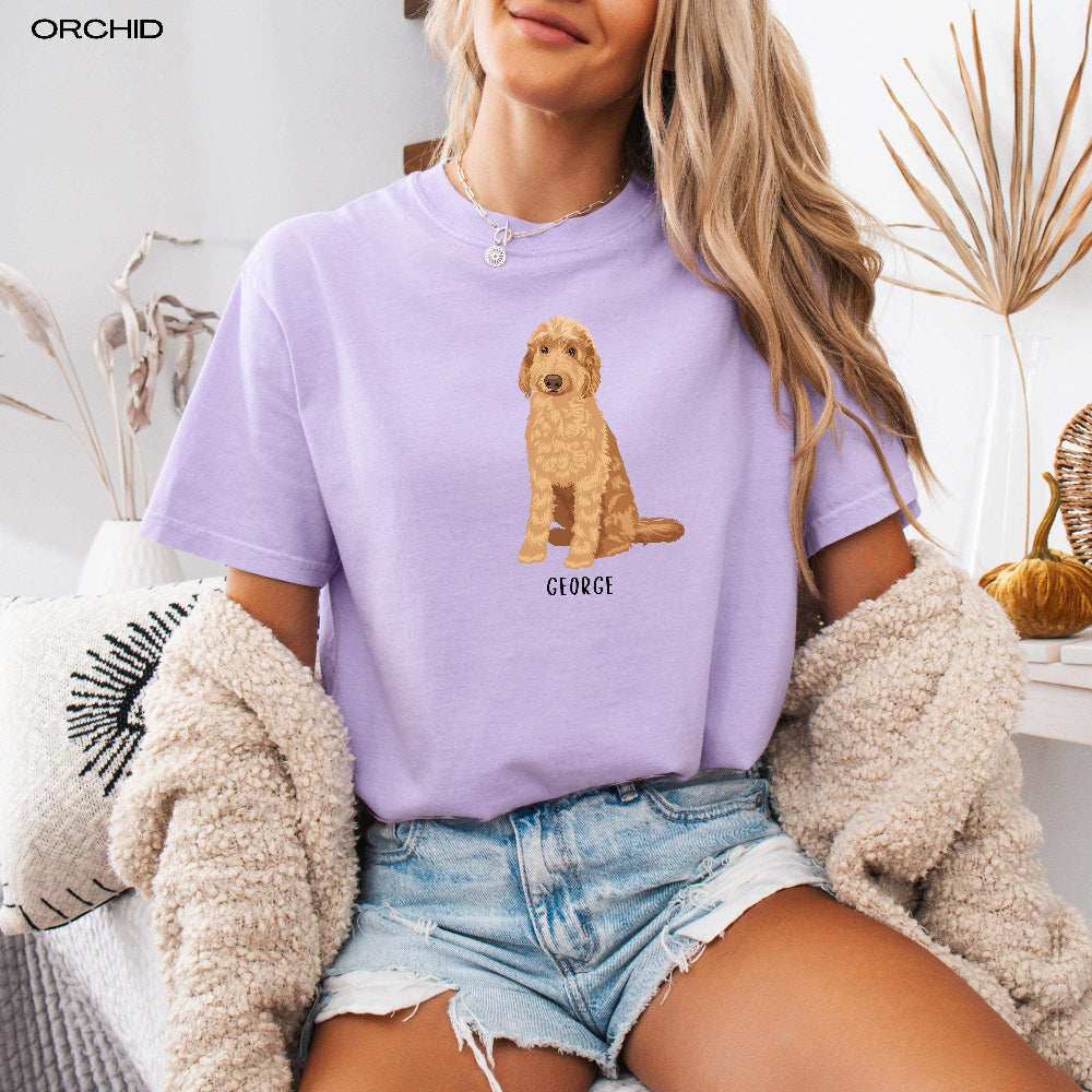 personalized Goldendoodle t-shirt comfort colors 1717 orchid. Features standard goldendoodle with custom name.