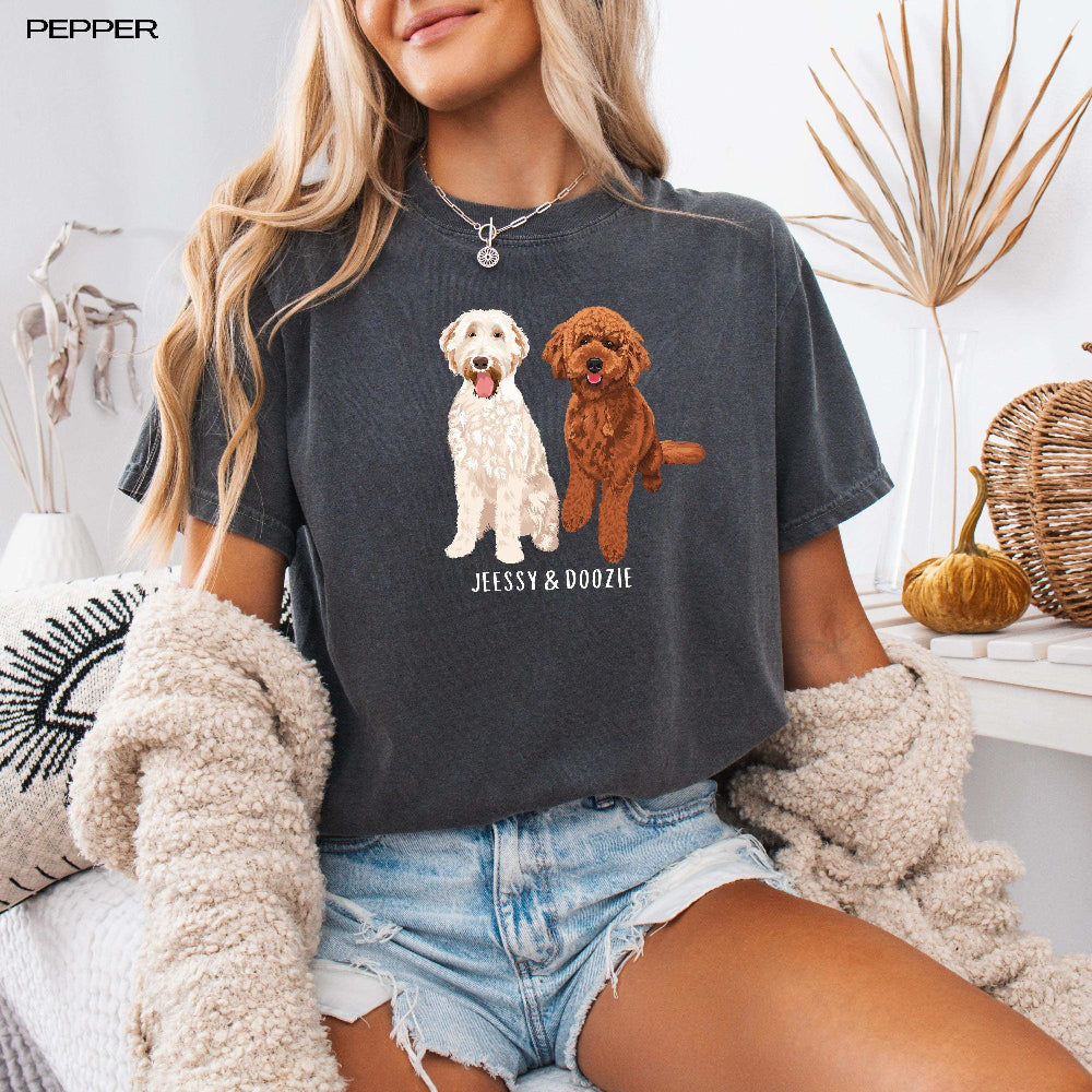 personalized Goldendoodle t-shirt comfort colors 1717 pepper. Features red goldendoodle and white doodle with custom name.