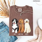 personalized Goldendoodle t-shirt comfort colors 1717 espresso. Features bernedoodle, standard goldendoodle and white doodle with custom name.