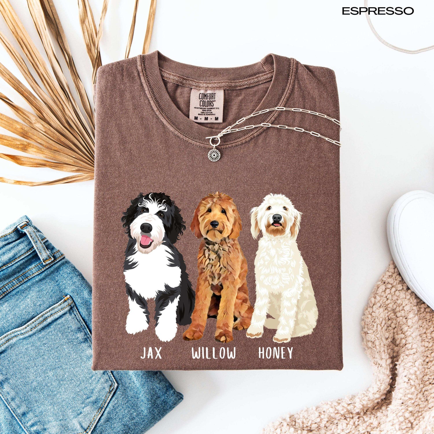 personalized Goldendoodle t-shirt comfort colors 1717 espresso. Features bernedoodle, standard goldendoodle and white doodle with custom name.