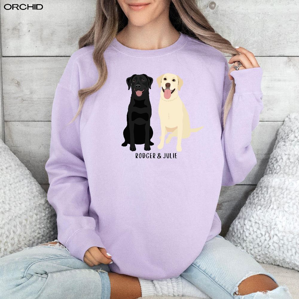 Personalized labrador retriever sweatshirt comfort colors 1566 orchid. Features black lab and yellow lab with custom name.
