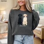 Personalized labrador retriever sweatshirt comfort colors 1566 pepper. Features black lab and yellow lab with custom name.