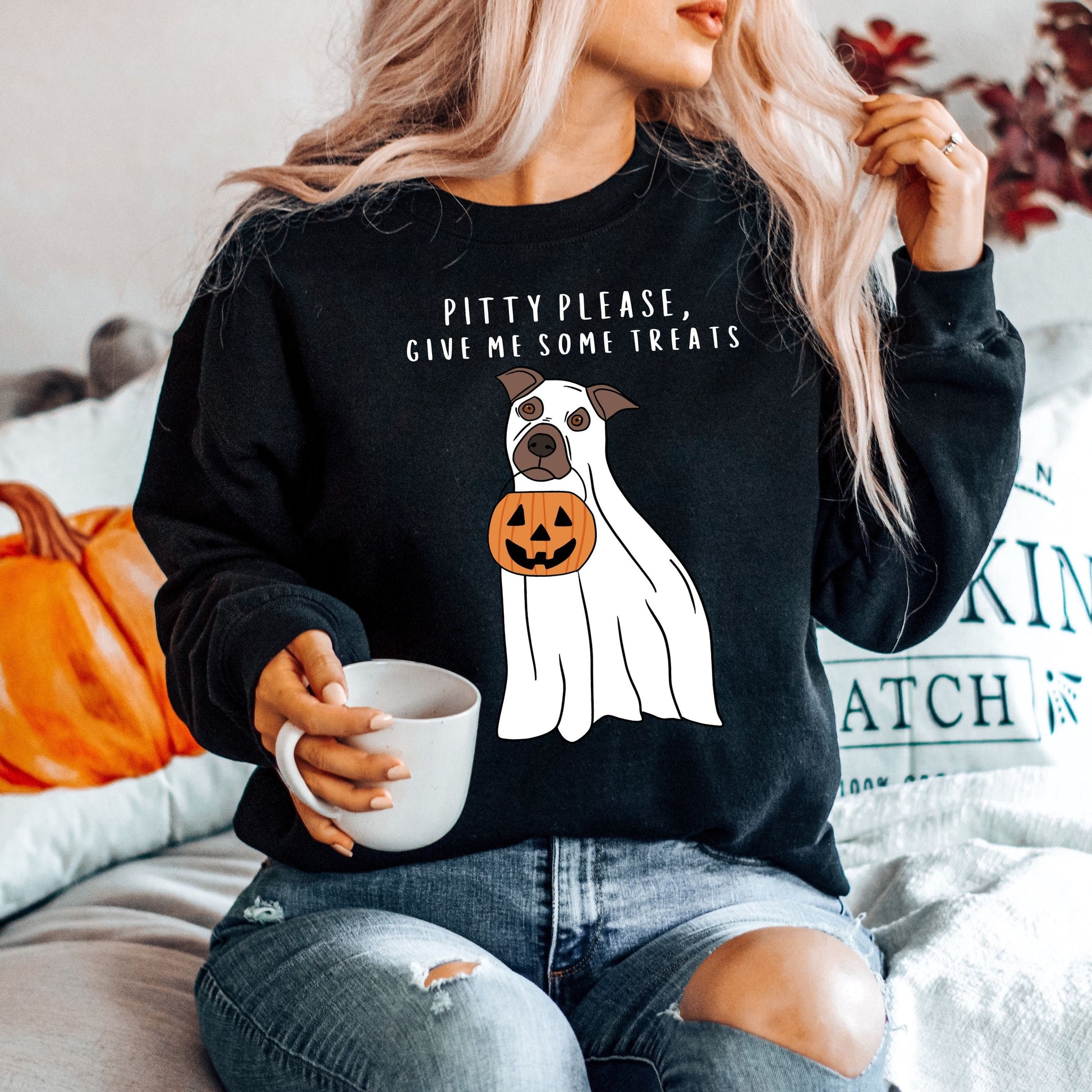 Pitty Please Give Me Some Treats Sweatshirt | Halloween Ghost Pitbull ywd4kc-br.myshopify.com