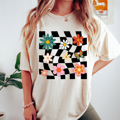 Retro Checkered Floral T-Shirt | Vintage Groovy Tee ywd4kc-br.myshopify.com