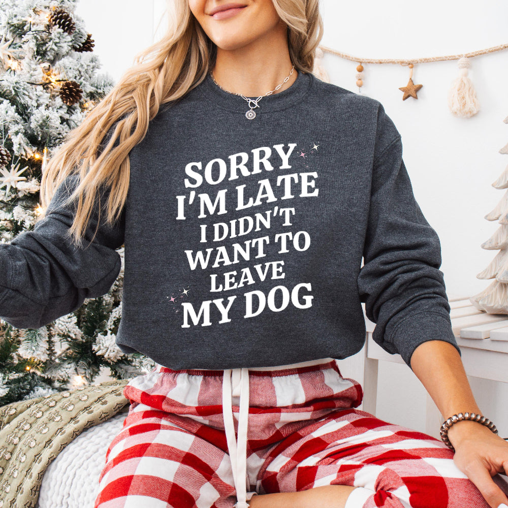 A dog mom wearing a sweatshirt in color dark heather with the white text "Sorry I'm Late I Didn't Want to Leave My Dog" from Love Dogs Gifts