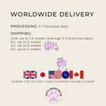 Shipping information graphic with processing and shipping times for different regions, featuring a pink heart-shaped box icon.