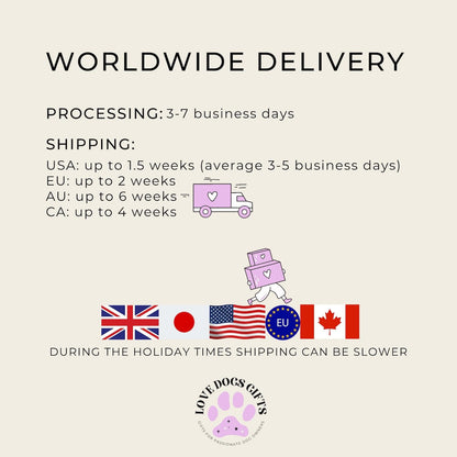 Shipping information graphic with processing and shipping times for different regions, featuring a pink heart-shaped box icon.
