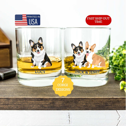 Tricolor Corgi whiskey glass printed in the USA for Corgi dad gift