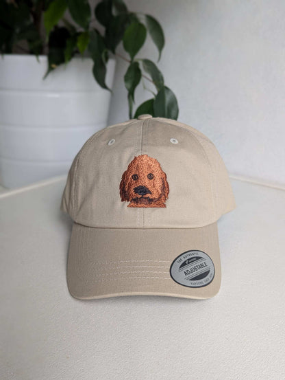Embroidered Red Golden Doodle Hat, red cavapoo dad hat, doodle gift, love doodles, gift for her, wife birthday gift, red cockapo trucker hat