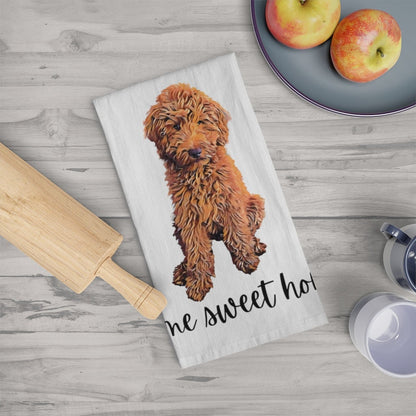 Red Goldendoodle flour sack kitchen tea towel, home sweet home, golden doodle tea towel, cockapoo, doodle hand towel, dish towel, 100% coton
