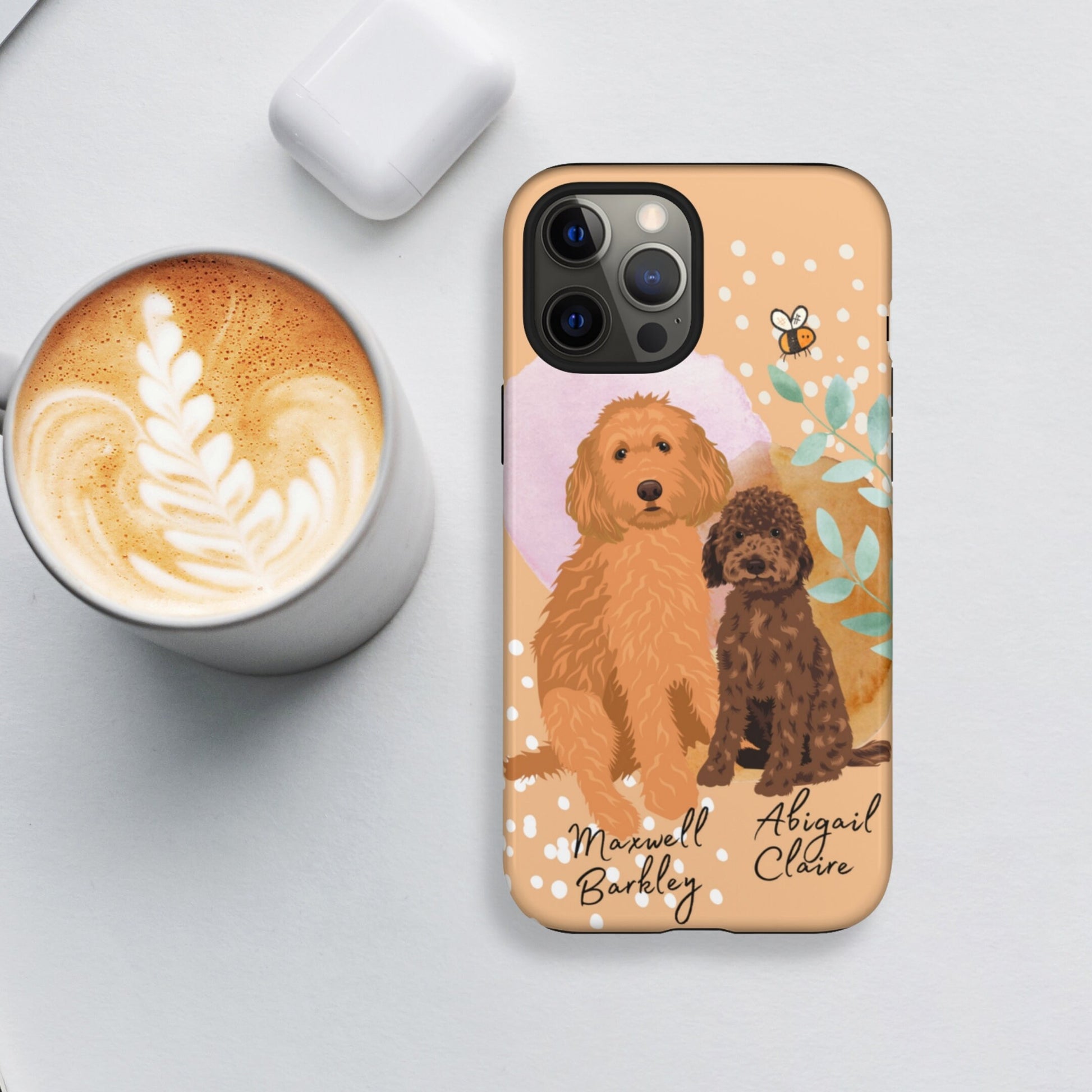 Personalized peachy golden doodle phone case with a bee