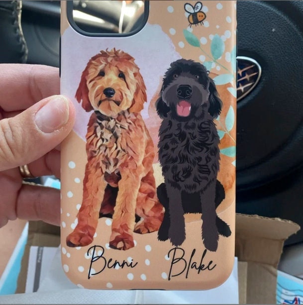 Personalized peachy golden doodle phone case with a bee