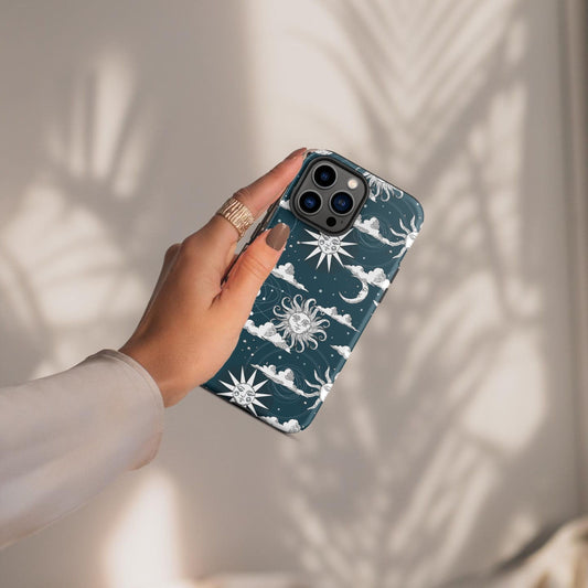 Dark Teal Sun and The Moon Dance Tough iPhone Case, Celestial Fairycore Cottage Core Mystical Vibes Gift for Teen Mother Gift for Daughter