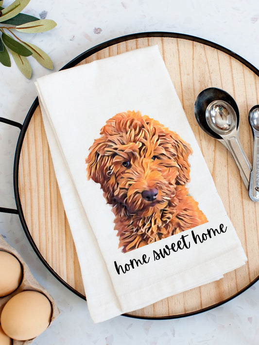 Red Goldendoodle Tea Towel Home Sweet Home, flour sack kitchen tea towel, golden doodle gift, farmhouse hand towel, labradoodle dish towel