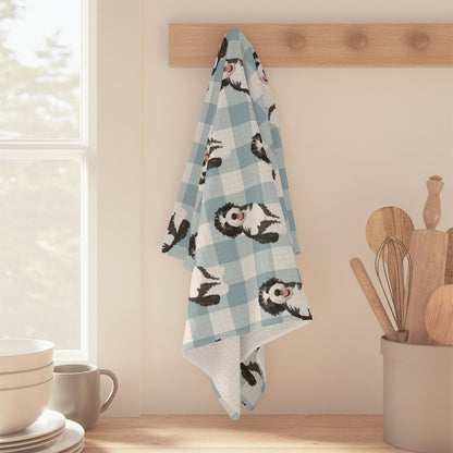 Blue Plaid Bernedoodle Tea Towel, waffle kitchen towel, dog flour sack, checkered dish towel, housewarming gift, new home gift, wife gift