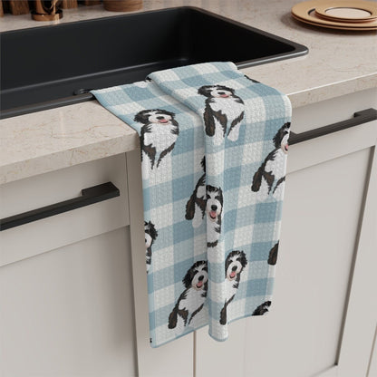 Blue Plaid Bernedoodle Tea Towel, waffle kitchen towel, dog flour sack, checkered dish towel, housewarming gift, new home gift, wife gift