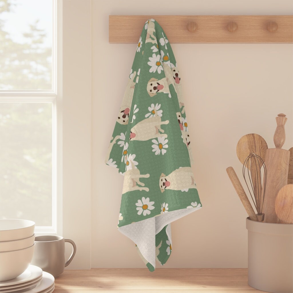 Labrador Tea Towel, green daisy flowers, yellow retriever tea towel, waffle kitchen towel, dog flour sack, housewarming gift, lab mom gift