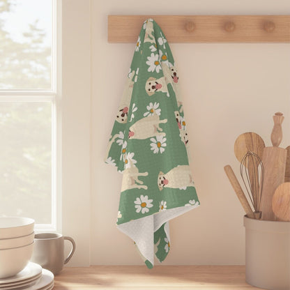 Labrador Tea Towel, green daisy flowers, yellow retriever tea towel, waffle kitchen towel, dog flour sack, housewarming gift, lab mom gift