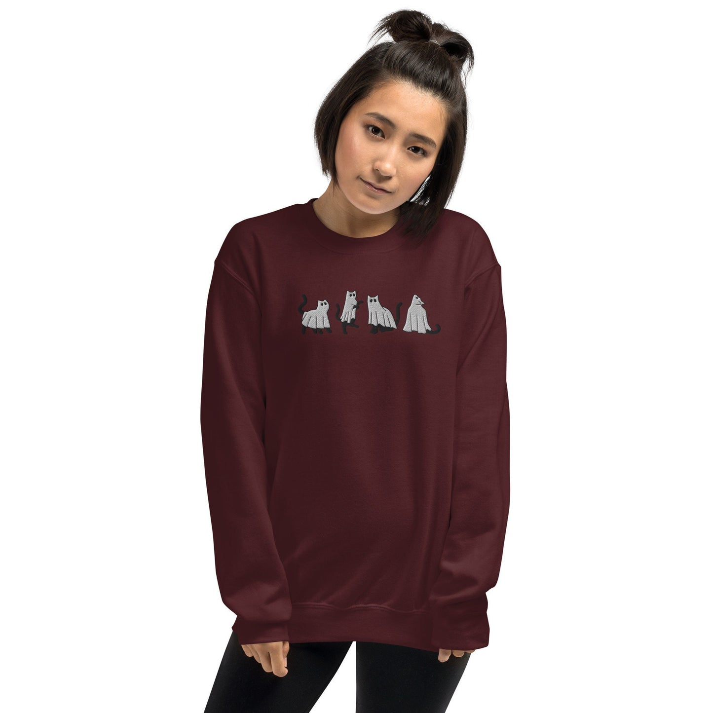 Embroidered Halloween black ghost cats sweatshirt