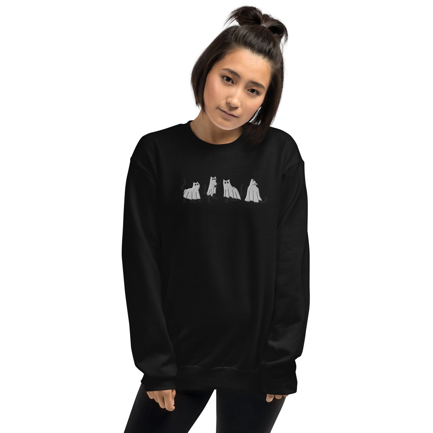 Halloween Black Ghost Cats Sweatshirt, Embroidered Fall Sweatshirt, Black Cat Lover Shirt, Black Cat Sweater, Cat Ownet Gifts, Cat Gifts