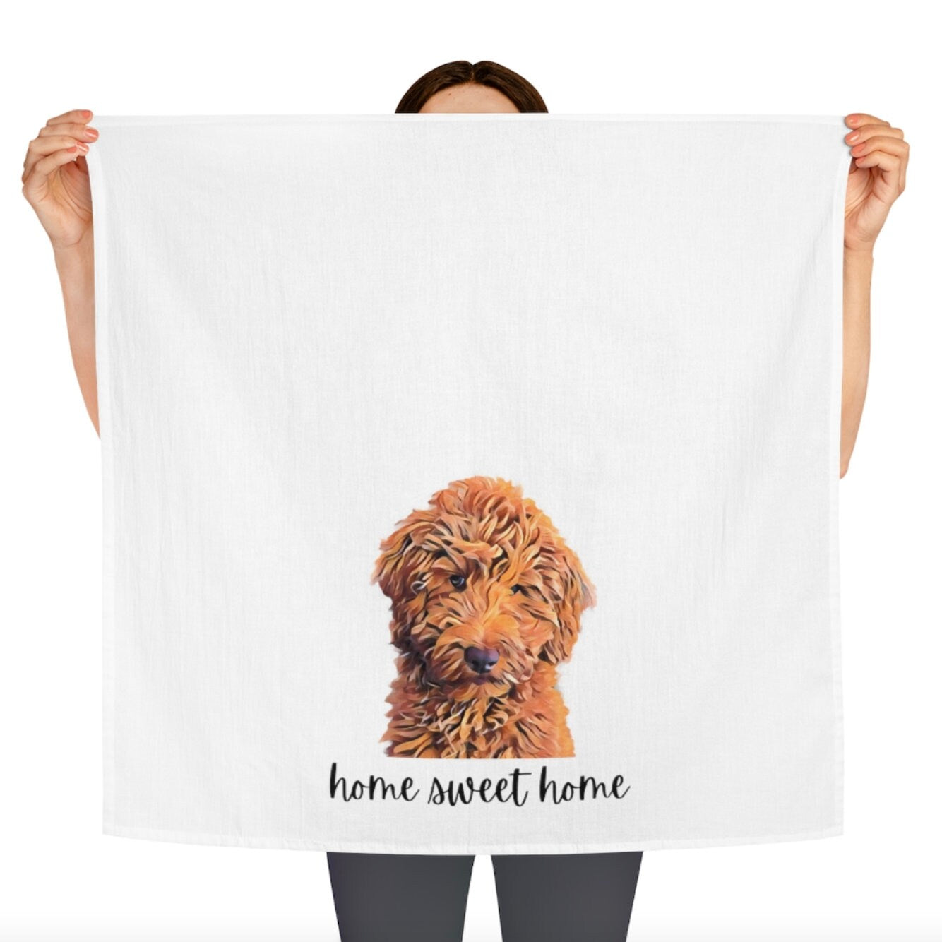 Red Goldendoodle Tea Towel Home Sweet Home, flour sack kitchen tea towel, golden doodle gift, farmhouse hand towel, labradoodle dish towel