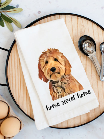 Goldendoodle Tea Towel Home Sweet Home, flour sack kitchen tea towel, golden doodle gifts, farmhouse hand towel, labradoodle dish towel