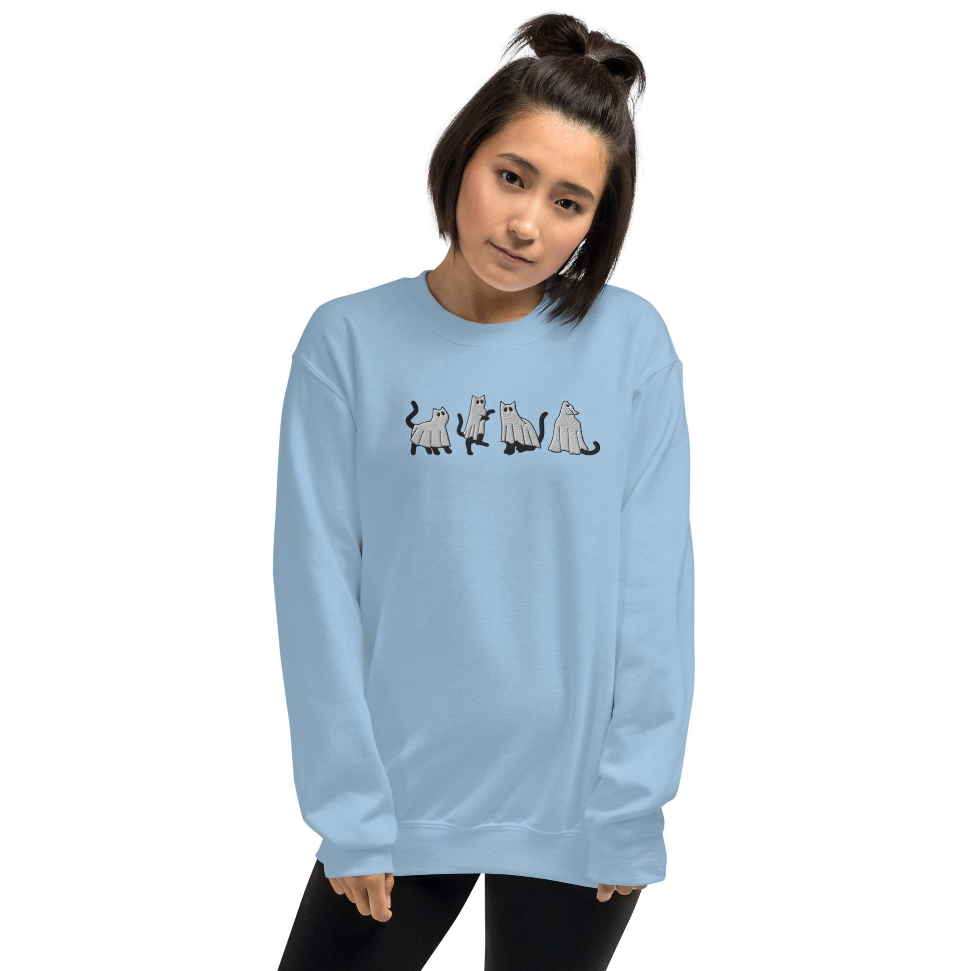 Halloween Black Ghost Cats Sweatshirt, Embroidered Fall Sweatshirt, Black Cat Lover Shirt, Black Cat Sweater, Cat Ownet Gifts, Cat Gifts
